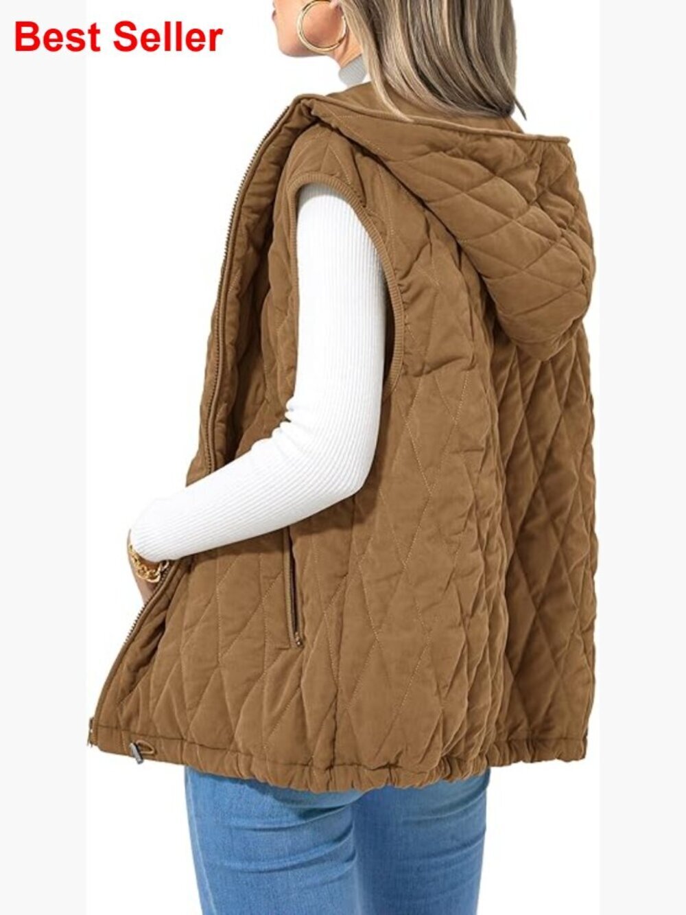 Polyester Hooded Sleeveless Vest with Zipper Closure and Pockets
